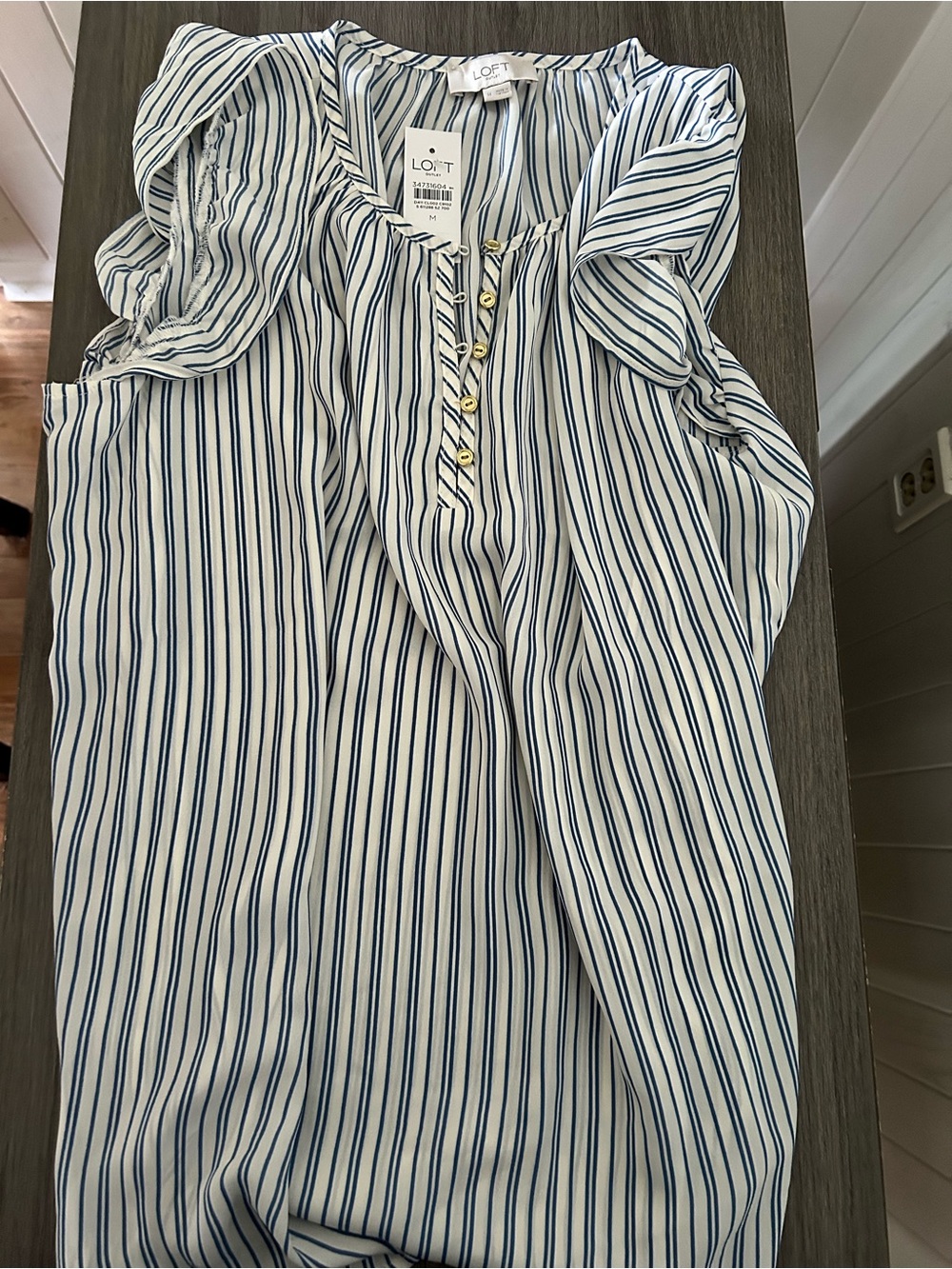 LOFT Blue and White Vertical Stripe Blouse with Gold Buttons